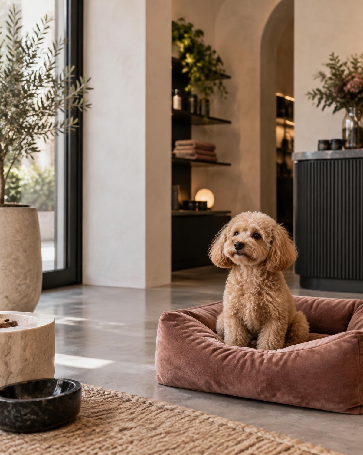 Cane accolto in un ambiente pet care elegante e luminoso
